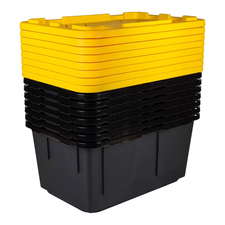 A nested stack of black heavy-duty moving totes with yellow lids